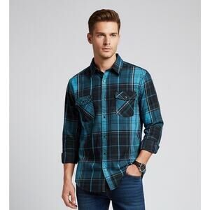 Coastal Mens XL Western Plaid Pearl Snap Button Down Blue Cotton Blend Shirt